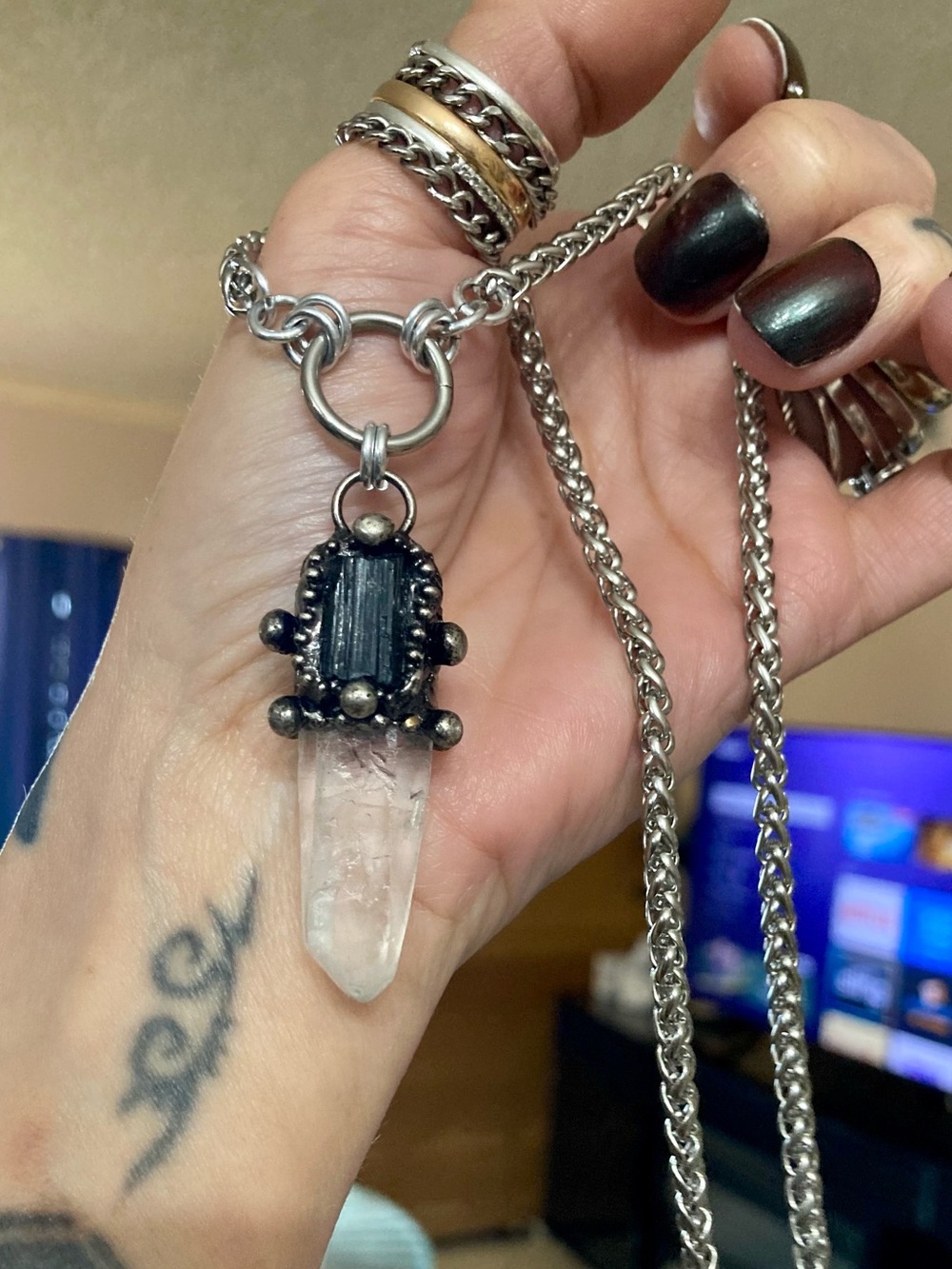 Genuine clear crystal quartz & black tourmaline on wheat chain choker necklace - Picture 7 of 12
